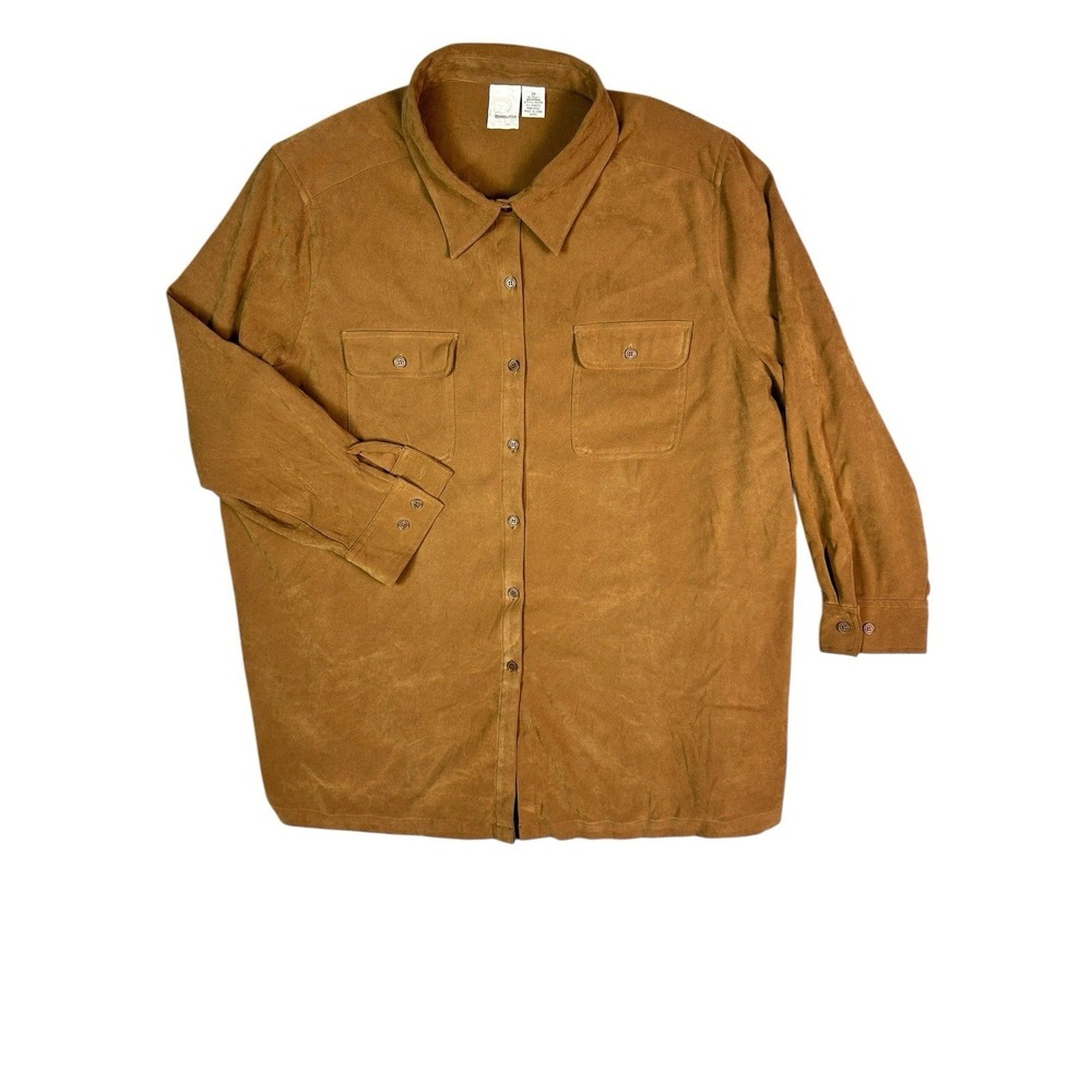 Roaman's Women's Size 2X Brown Faux Suede Long Sleeve Button Front Top
